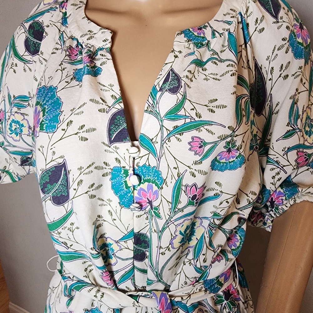 Ann Taylor Loft Linen Floral V-Neck Puff Sleeve Midi Dress Size MP Belted - Picture 2 of 16